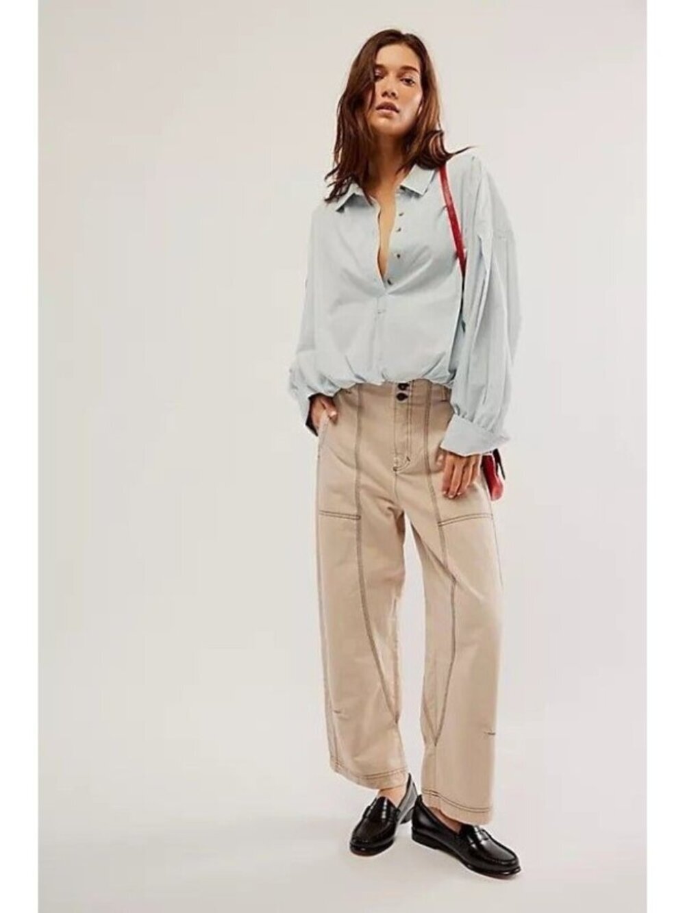 Free People Sawyer Carpenter Pants Wide Leg 100% Cotton Pockets Beige Size 12